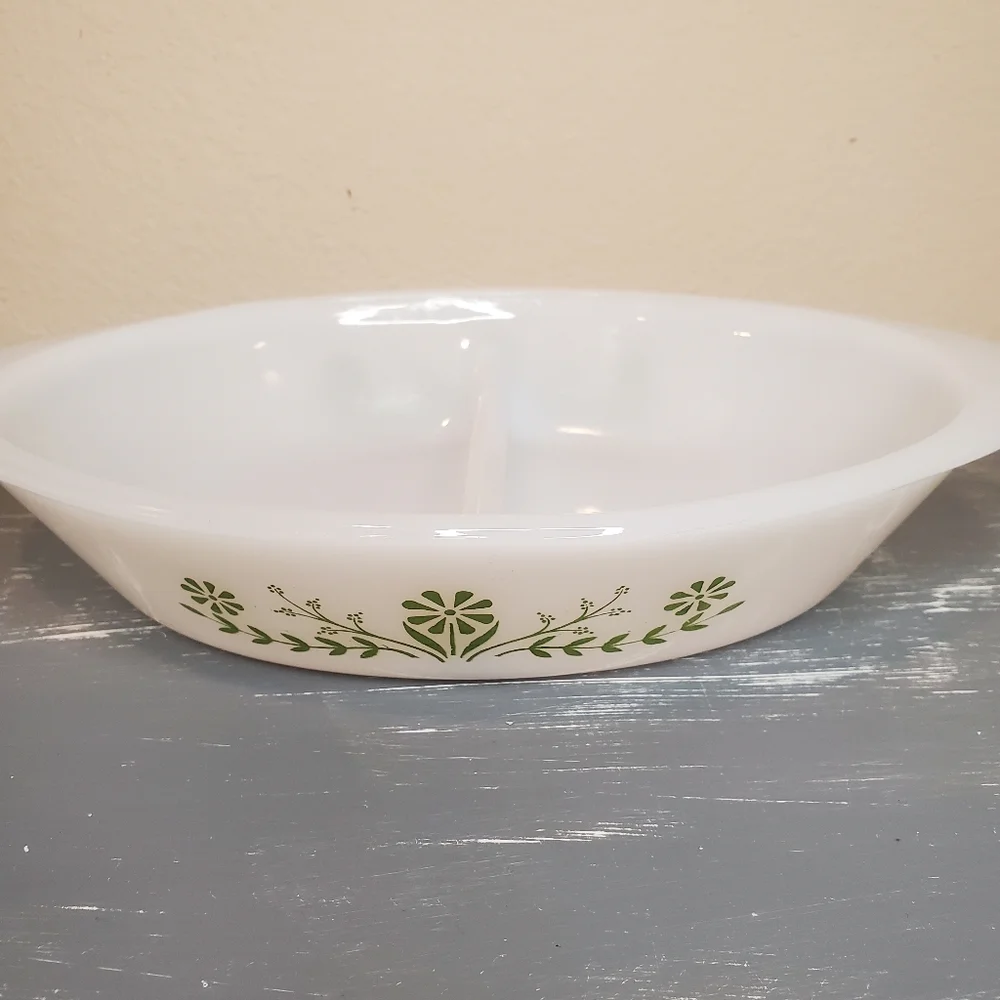 Vintage Glasbake Green Crazy Daisy Spring‎ Blossom Divided Casserole Dish #J2352